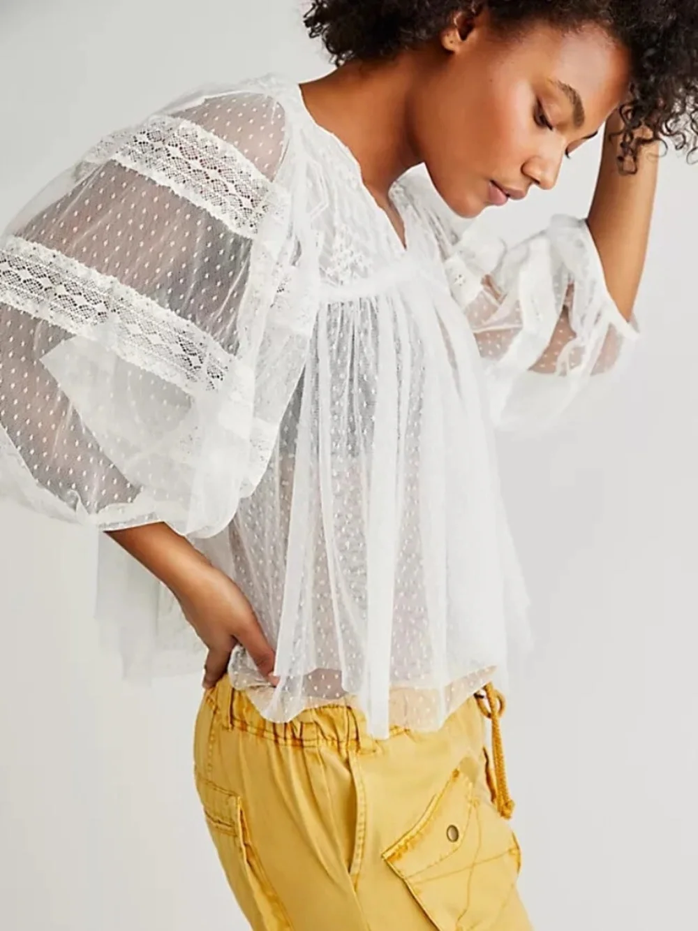 FREE PEOPLE - Tiered Sheer Embroidered Lace Cream White V-Neck Blouse Top- XL